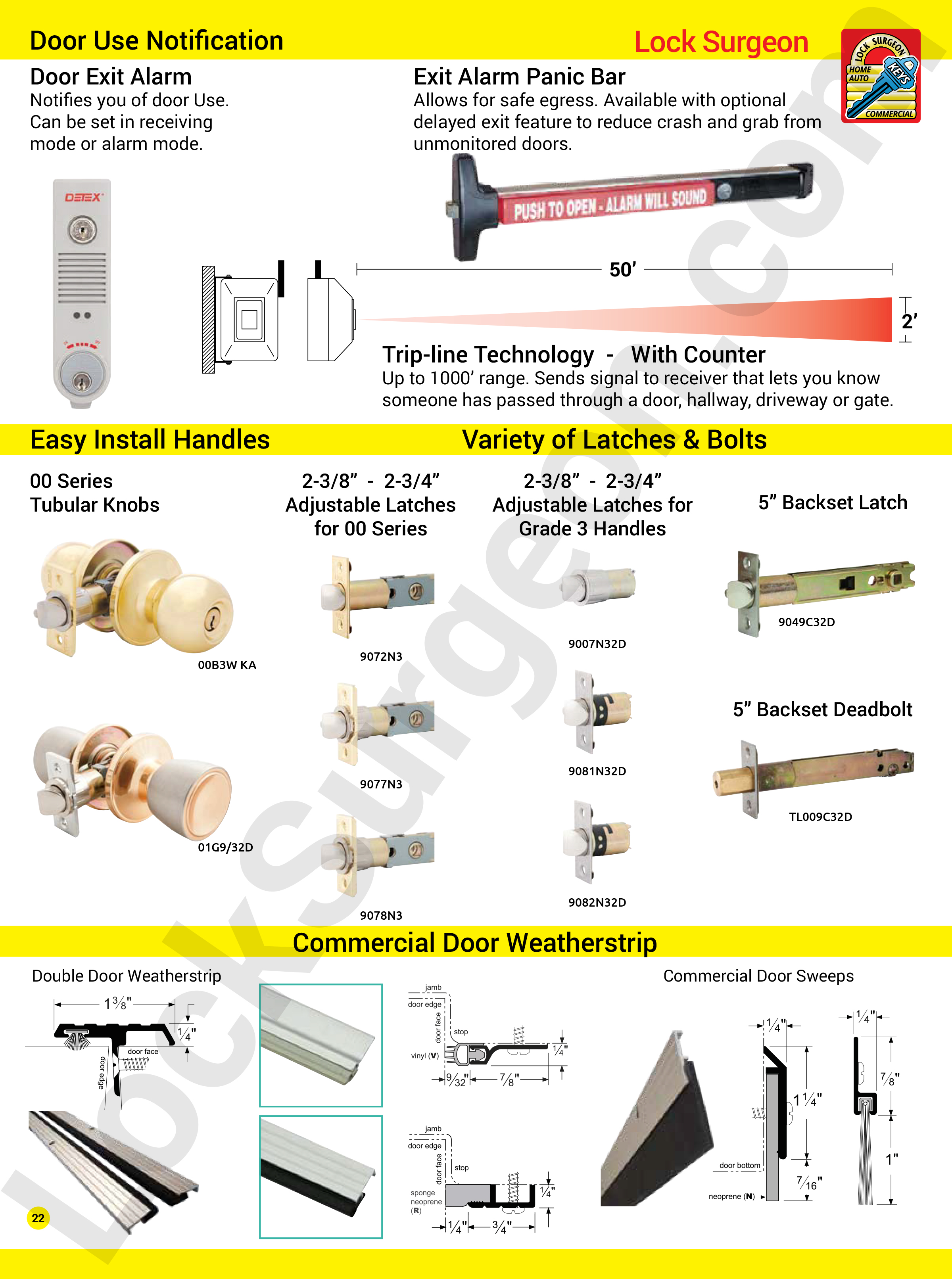 Security and Hardware products for commercial doors installed or repaired by Lock Surgeon or Door Surgeon trained technicians. Lock Surgeon carry door exit alarms, exit alarm panic bars, trip-line technology with counters, easy install handles, door weatherstrip and a variety of latches and bolts.